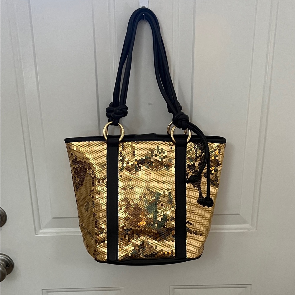 Bcbg gold sequin tote with brown trim and straps , NWOT